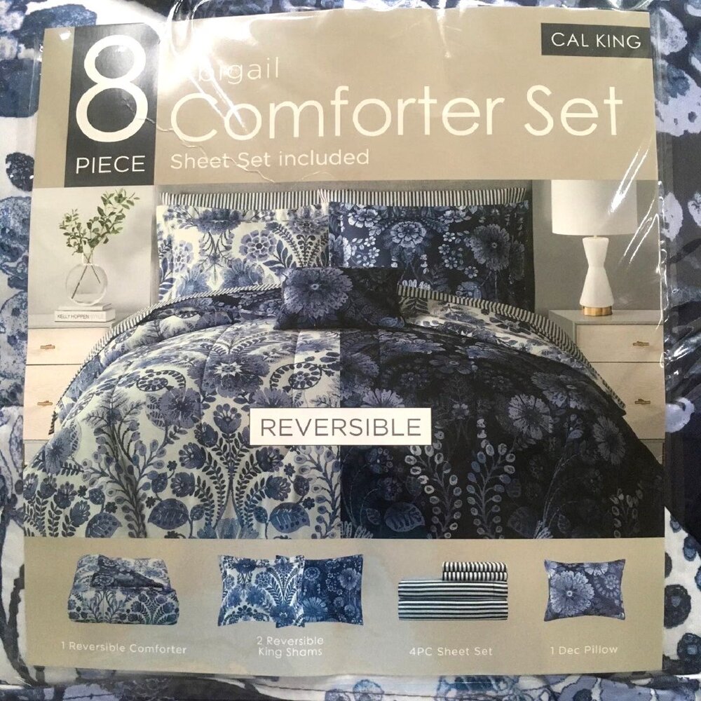 brand new Abigail 8-Piece Reversible California King Comforter Set in NAVY BLUE